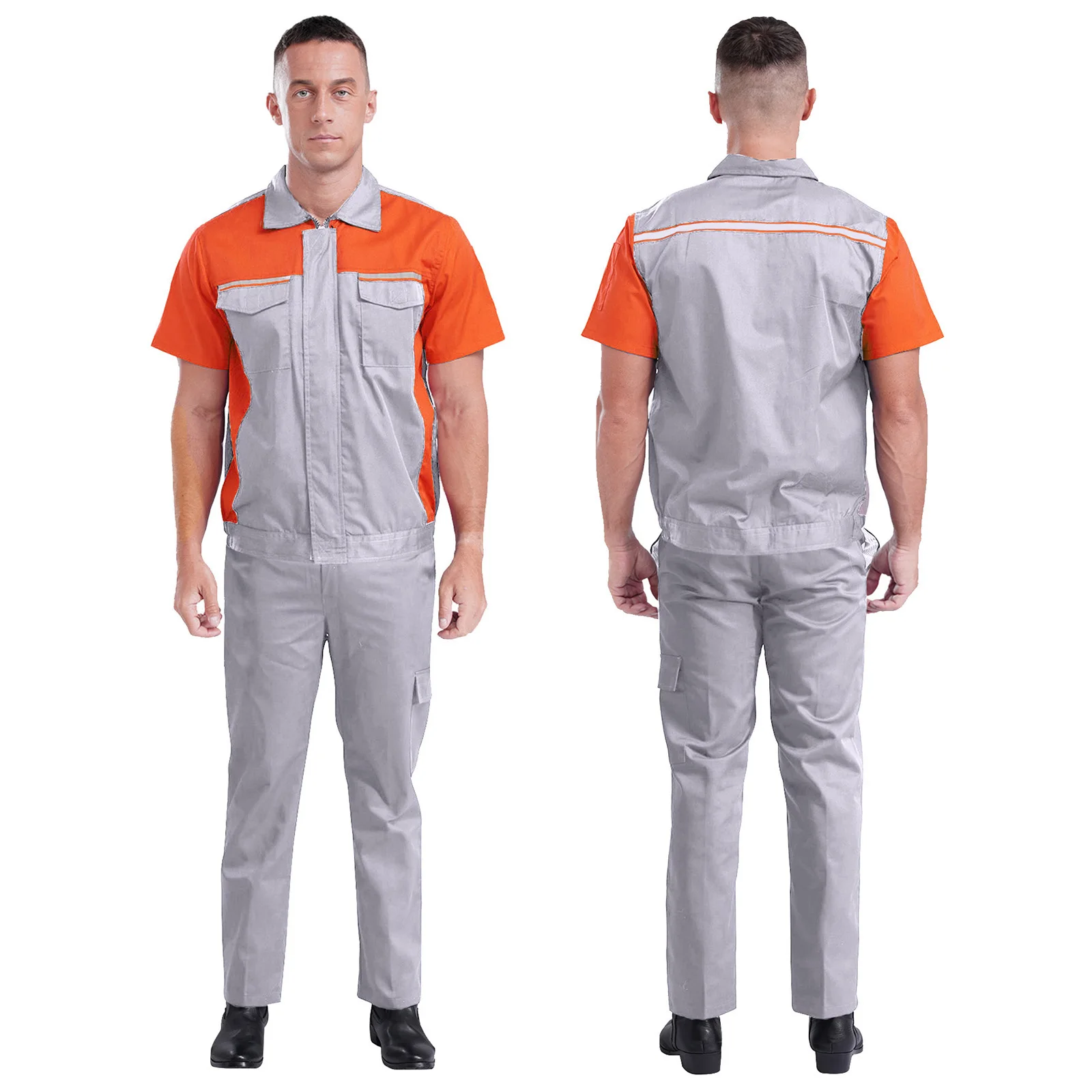 Zweiteiliges Herren-Arbeits-Outfit-Set, kurzärmelige Taschen, reflektierendes Streifen-Oberteil und Hosen mit elastischem Bund, Latzhose, Arbeitsuniformen