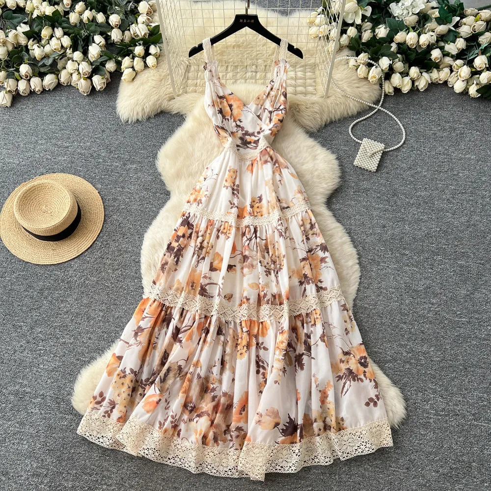 

Long Dress Women Sling Dresses A Line Vestidos Lace Floral Y2k Streetwear V Neck Sleeveless Elegant Splice Party Night Work