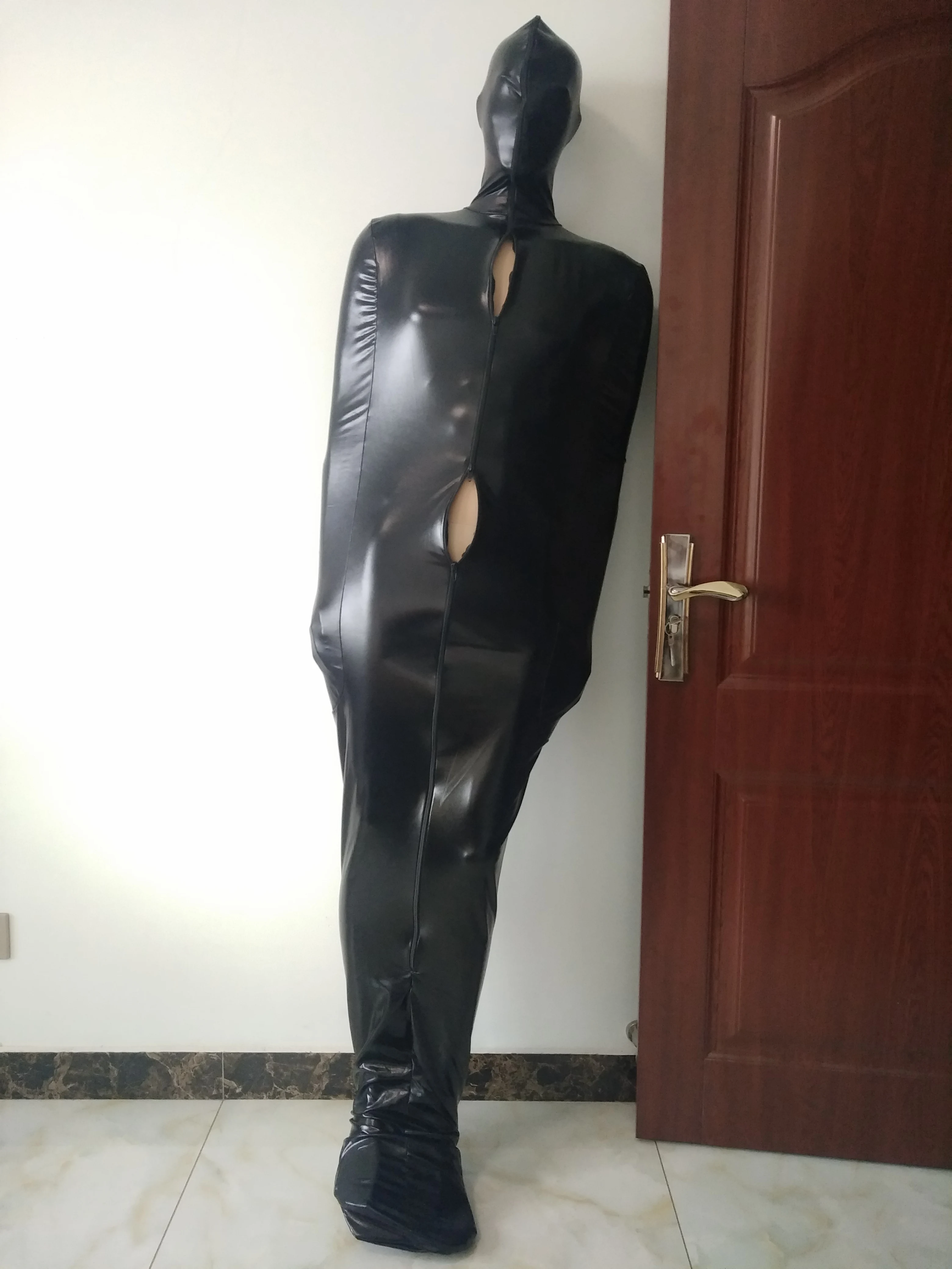 Black Shiny Metallic Unisex Mummy Costumes Body Sleeping Bag Sexy Catsuit front 4-ways zipper with ass zipper Halloween Cosplay