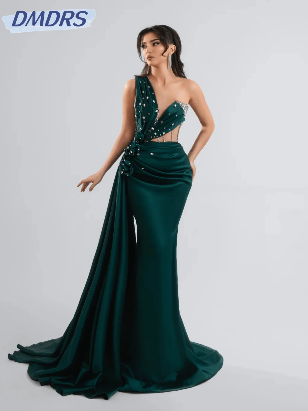 

Formal Elegant Green Crystal Satin Evening Dress Modern One Shoulder Wedding Party Gown Customized Mermaid Long Prom Dresses