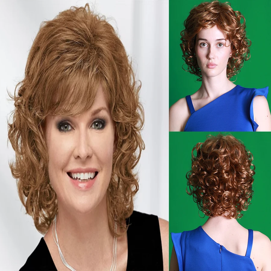 HAIRJOY Mulheres Perucas De Cabelo Sintético Curto Encaracolado com Bangs Ombro Comprimento Castanho Loiro Cinzento Branco Peruca