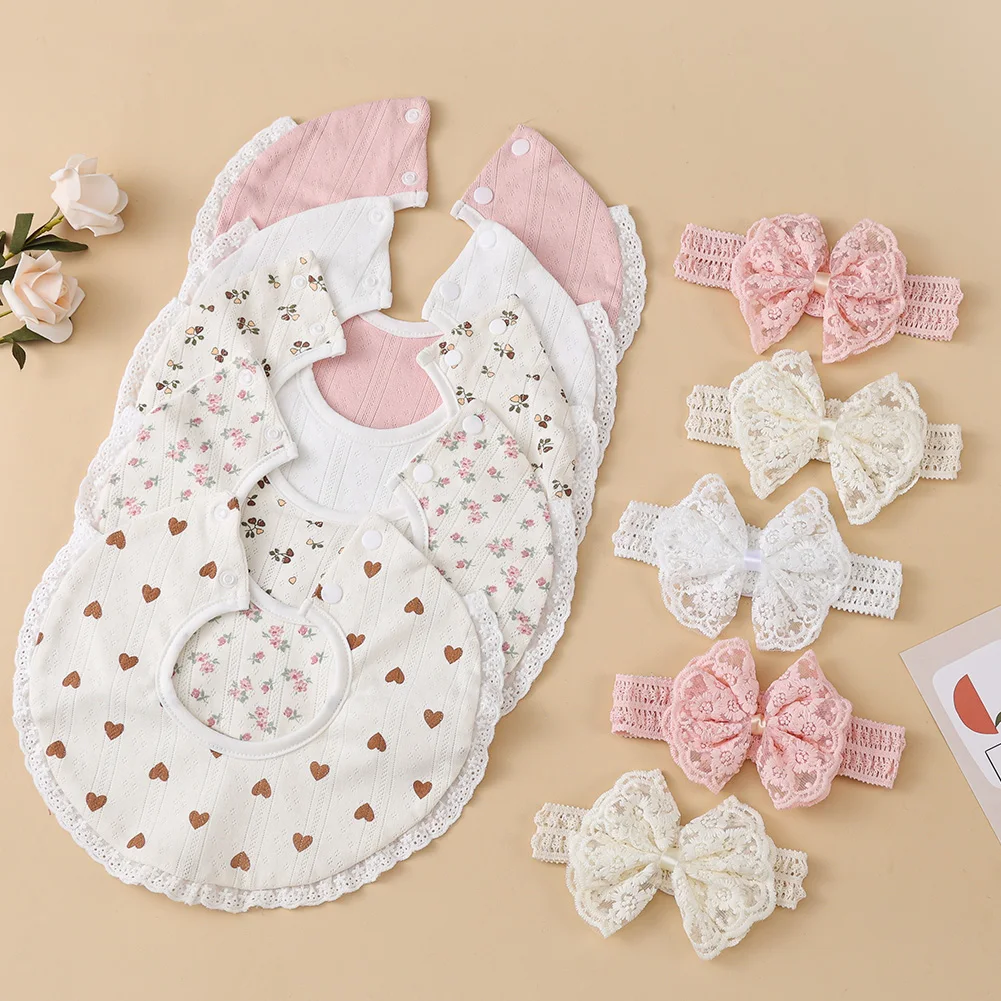 2 Teile/satz Prinzessin Mädchen Spitze Bogen Haarbänder Blume Drucken Baby Lätzchen Neugeborenen Korea Vintage Taste Speichel Handtuch Fütterung Spucktücher
