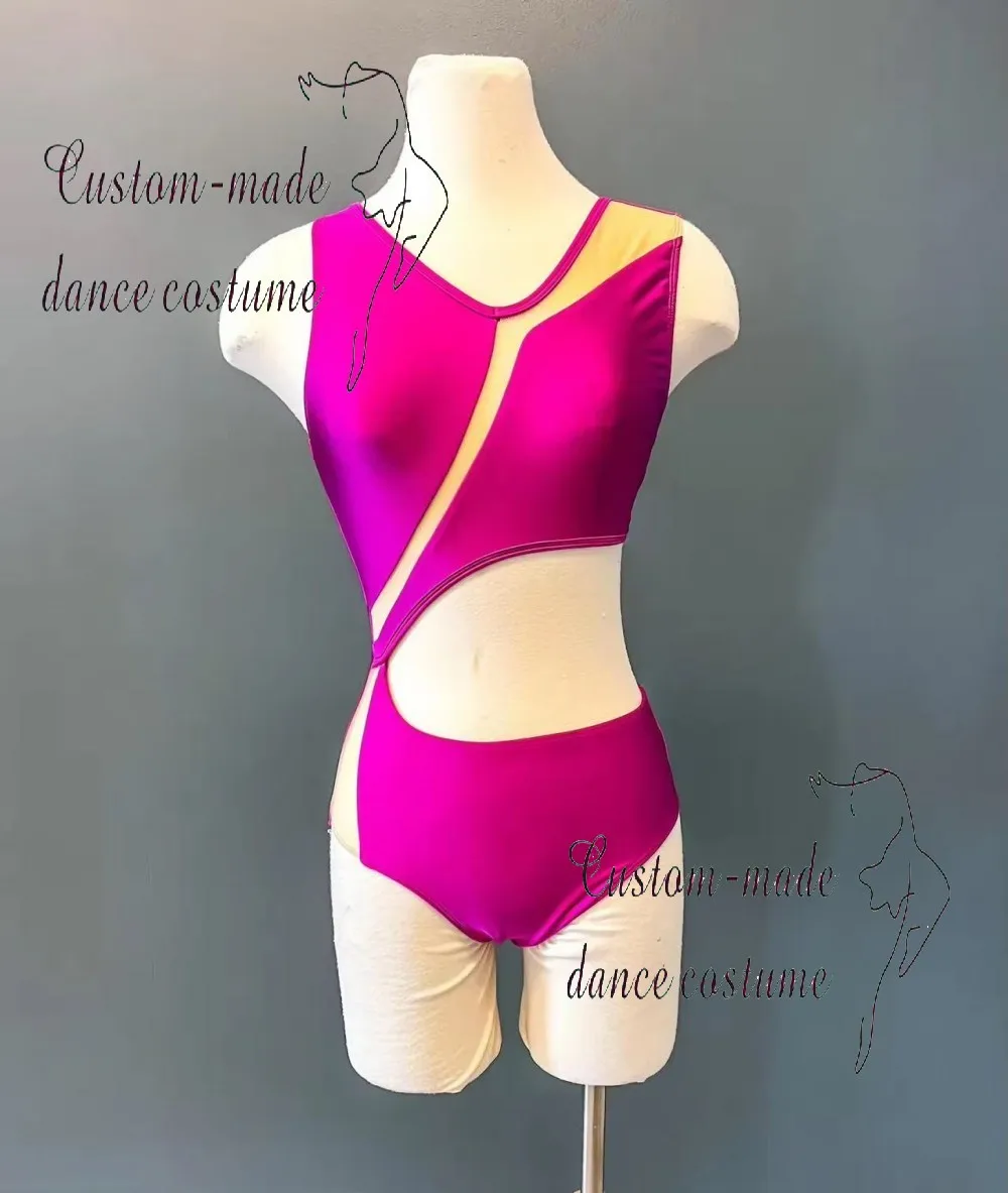 Magenta performance leotard, suitable for gymnastics or stage performances, featuring a geometric cut design.
