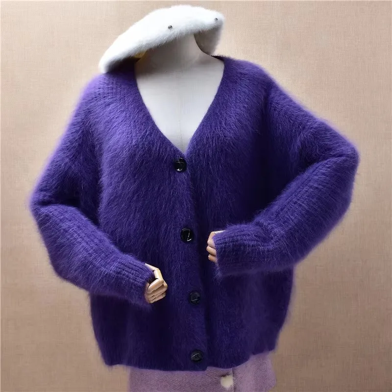 

Женский осенне-зимний толстый теплый фиолетовый волосатый норковый кашемировый вязаный свитер с v-образным вырезом и длинными рукавами, свободный кардиган, свитер, куртка, тянущая