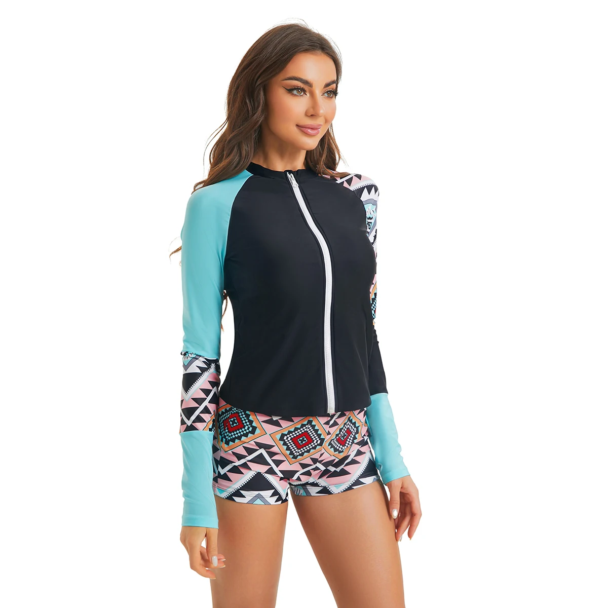 NACULAR Long Sleeve Swimsuit Women Printed Zipper Surfing Swimwear Two Pieces Bathing Rash Guard Diving Tankini Beach Shorts