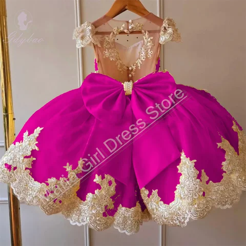 Rose Red Flower Girl Dress Gold Floral Appliques Bow Detail Children's Birthday Communion Banquet Gown For Wedding
