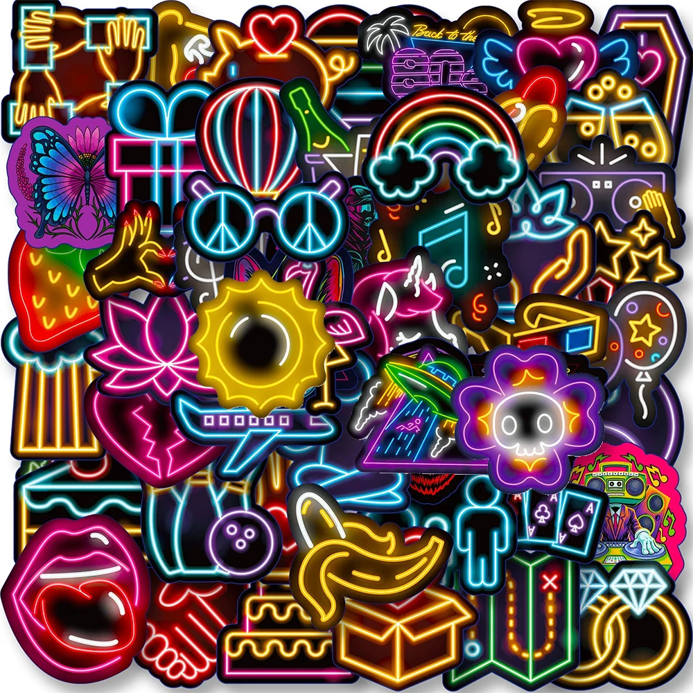 10/30/50pcs Colorful Cartoon Mix Neon Light Stickers Cute Graffiti Waterproof Decals Guitar Scrapbook Laptop Funny Sticker Decor