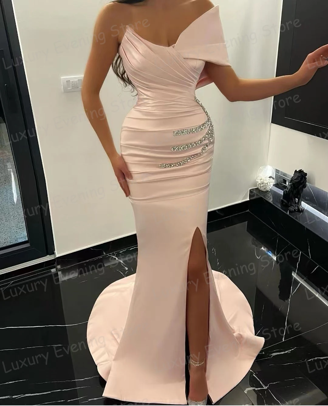 Luxury Elegant Mermaid Evening Dresses 2024 Woman\'s Sexy Sleeveless One Shoulder Split Prom Gowns Court Train Satin فساتين طويلة