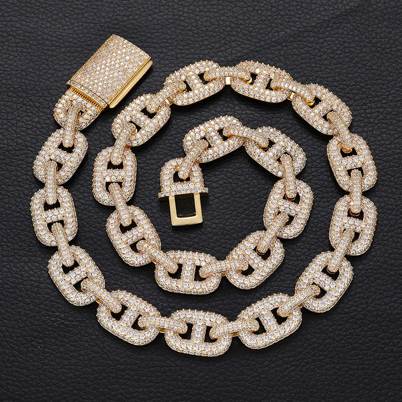 Bubble Iced Out Coffee Bean Cuban Link Chain Pig Nose Chain 18K Gold Plated  Hip Hop Fine Jewelry Gifts for Men Boy Friends