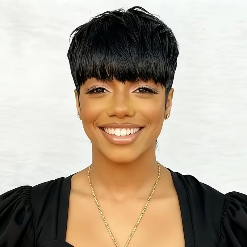 Black Short Layered Pixie Wigs Human Hair 100% Natural Realistic Tangle Free Full Machine Made For Women Sleek Style Soft