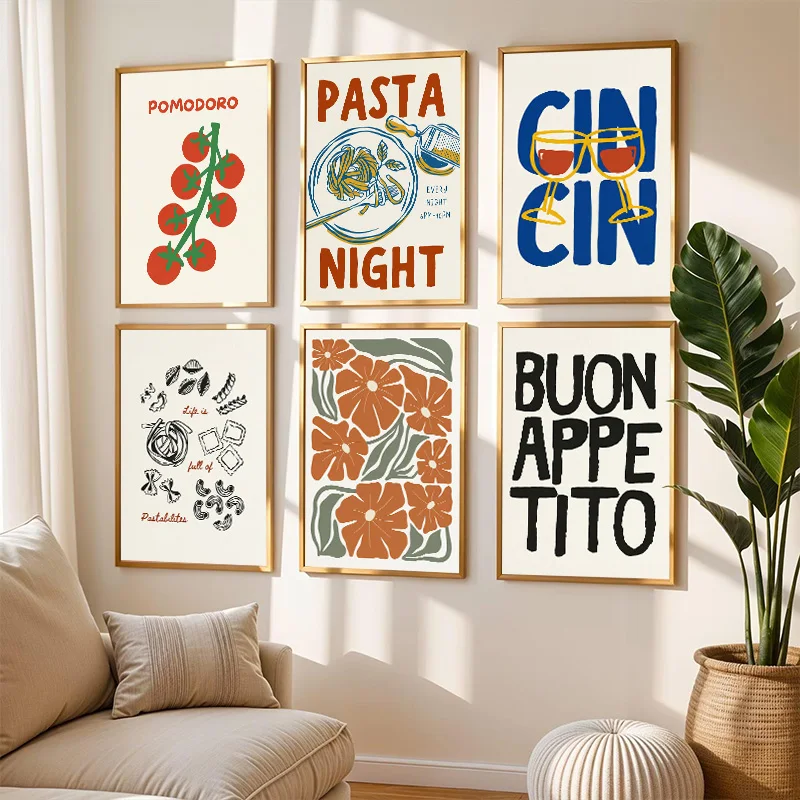 Retro Italian Cuisine Canvas Poster Pasta Tomatoes Wine Quotes Canvas Wall Art Cute Kitchen Dining Room Decorative Art Prints
