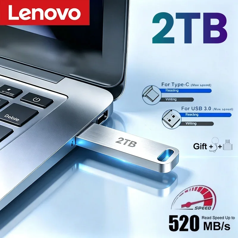 Lenovo Metal USB Adapter Flash Drive USB 3.0 128GB 256GB 512GB High Speed Metal Mini U Disk Pendrive 1TB 2TB Memory Stick 2026