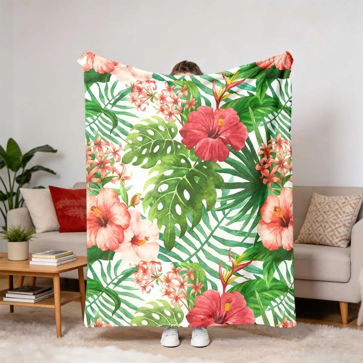 Tropical Hibiscus Floral Flannel Throw Blanket, Green Monstera Palm Leaf Print Soft Warm Blanket for Sofa Bedroom Decor