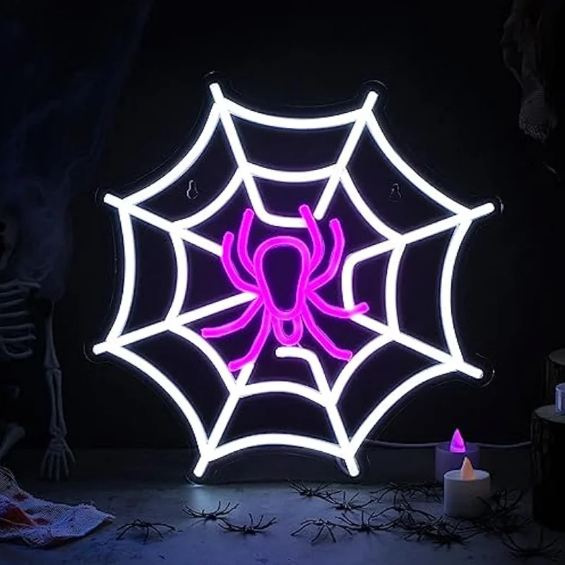 

Spider Web Neon Sign Halloween USB Dimmable Wall Art Decor for Halloween Birthday Ceremony Trick or Treat Party Game Backdrop