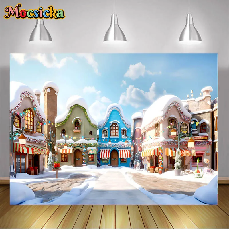 

Snow Town Photography Background Wall Ice Village World Blue Sky White Clouds Christmas Decoration Backdrops Photozone Studio