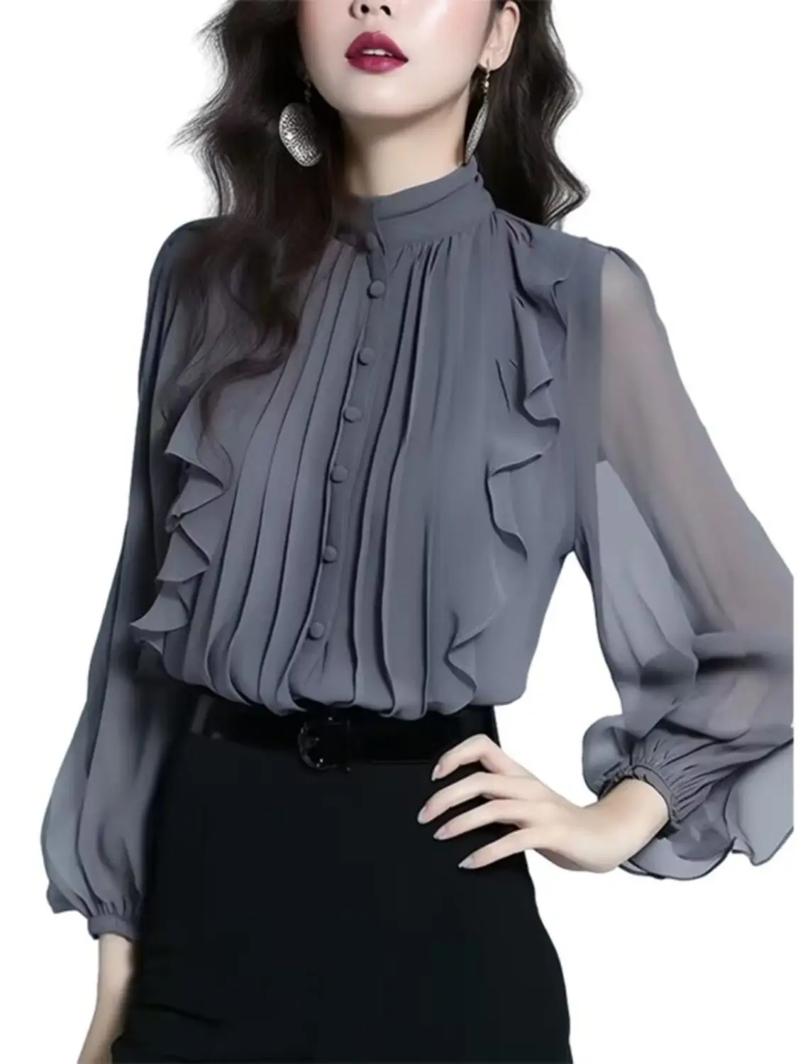 ربيع الخريف الإناث الشيفون الوقوف طوق قميص المرأة موضة جديدة الراقية نمط تكدرت بلوزة للسيدات