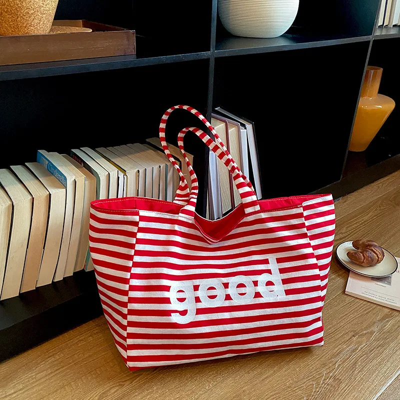 Korean Letter Stripe Double-Sided Shoulder Bags for Women Large Capacity College Casual Tote Portable Ladies Shopping Handbag