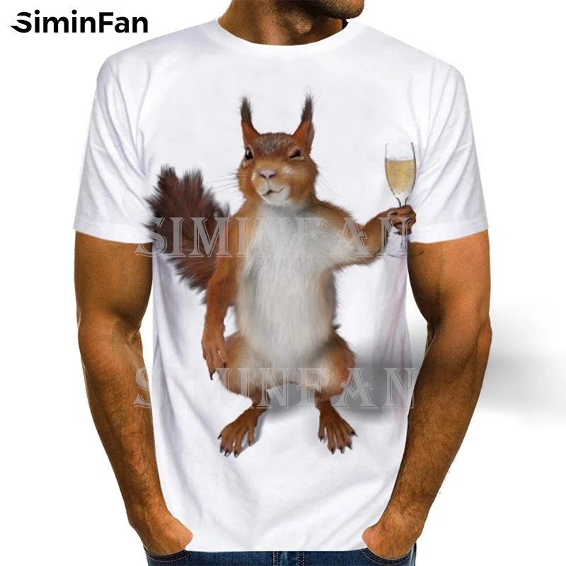 Squirrel Drink Champagne 3D Printed Men White Tshirts Summer Tees Casual Short Sleeve Shirt Unisex Harajuku Top Women Streetwear