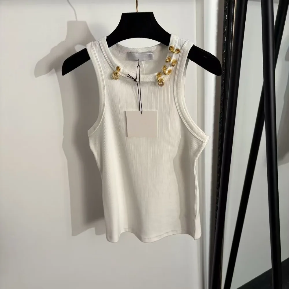 High Street Cotton Tight Fitting Versatile Tanks Camisole Top Women's Round Neck Sleeveless Metal Decorative Thread Early Summer