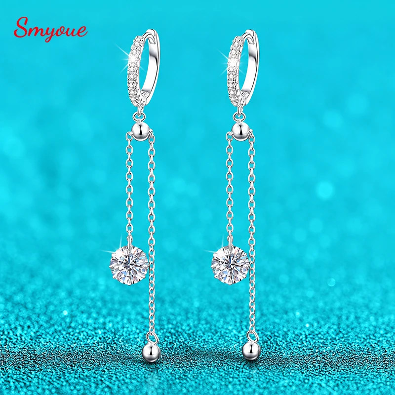 Smyoue 6.5mm 1CT Tassel Moissanite Huggie Earrings Long Chain Adjustable Dangle Earrings for Women Real Pure S925 Silver Jewelry