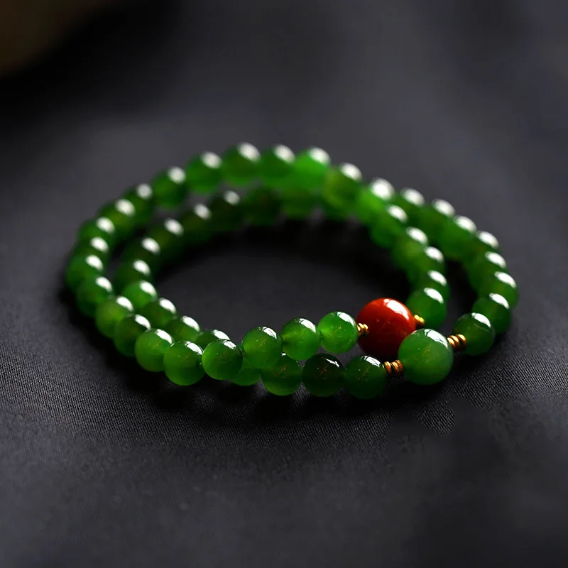 Hotan Jade Jasper Spicy Green Vintage Bracelet Simple Atmospheric Hand Rope South Red Bead String Single Circle Girlfriend Gift