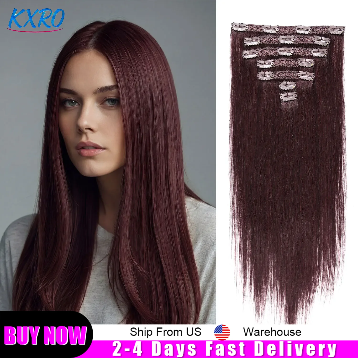 

Clip In Hair Extensions Real Human Hair Clip Ins 8pcs 99J Burgundy Straight Human Hair Soft Brazilian Real Hair for women ready to wear On Clearance Sale