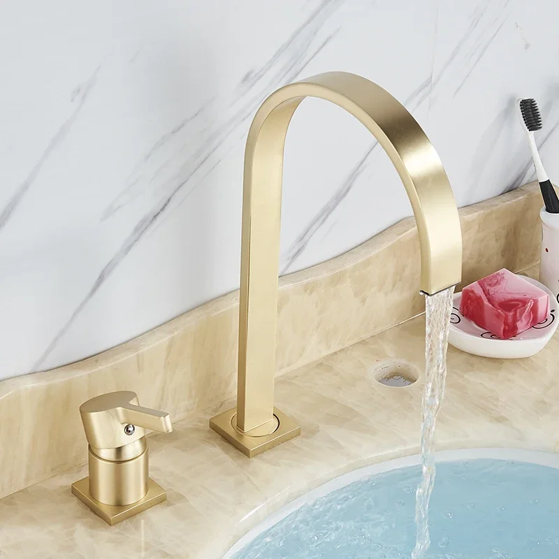 Brushed Golden Basin Faucet Single Handle Widespread Sink Faucet Bathroom Mixer Tap Wide Spout Vessel Hot Cold Water