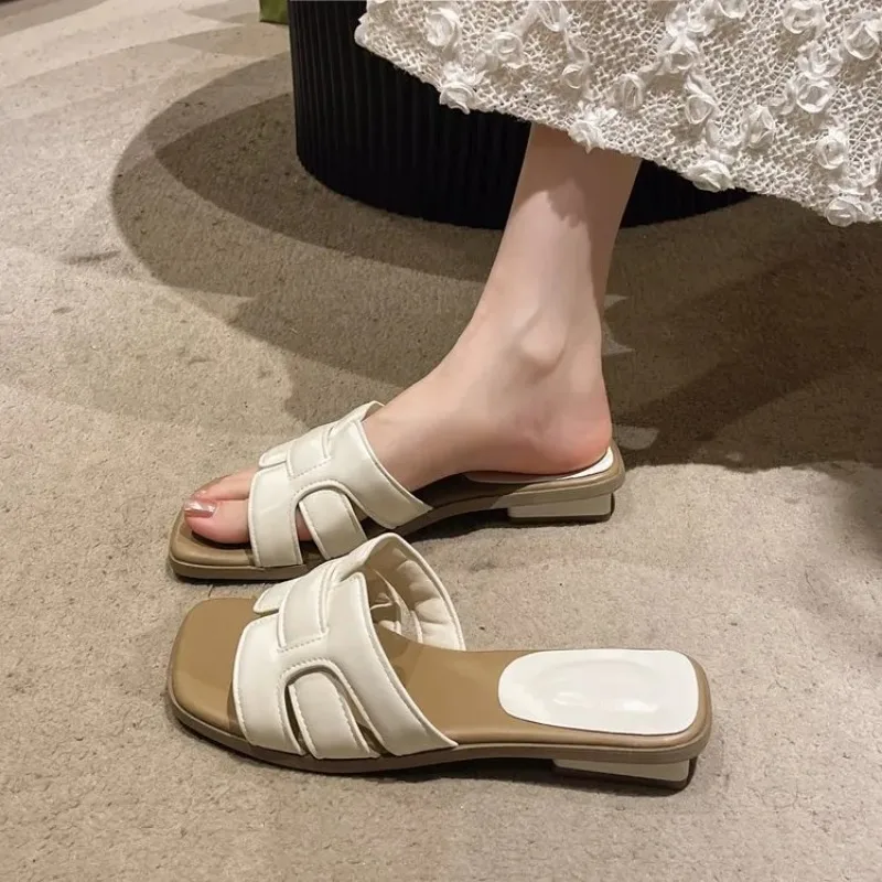 Chunky Slippers Women 2025 Summer New Square Head High Heels Europe and The United States Casual Fashion Slippers Women's Shoes