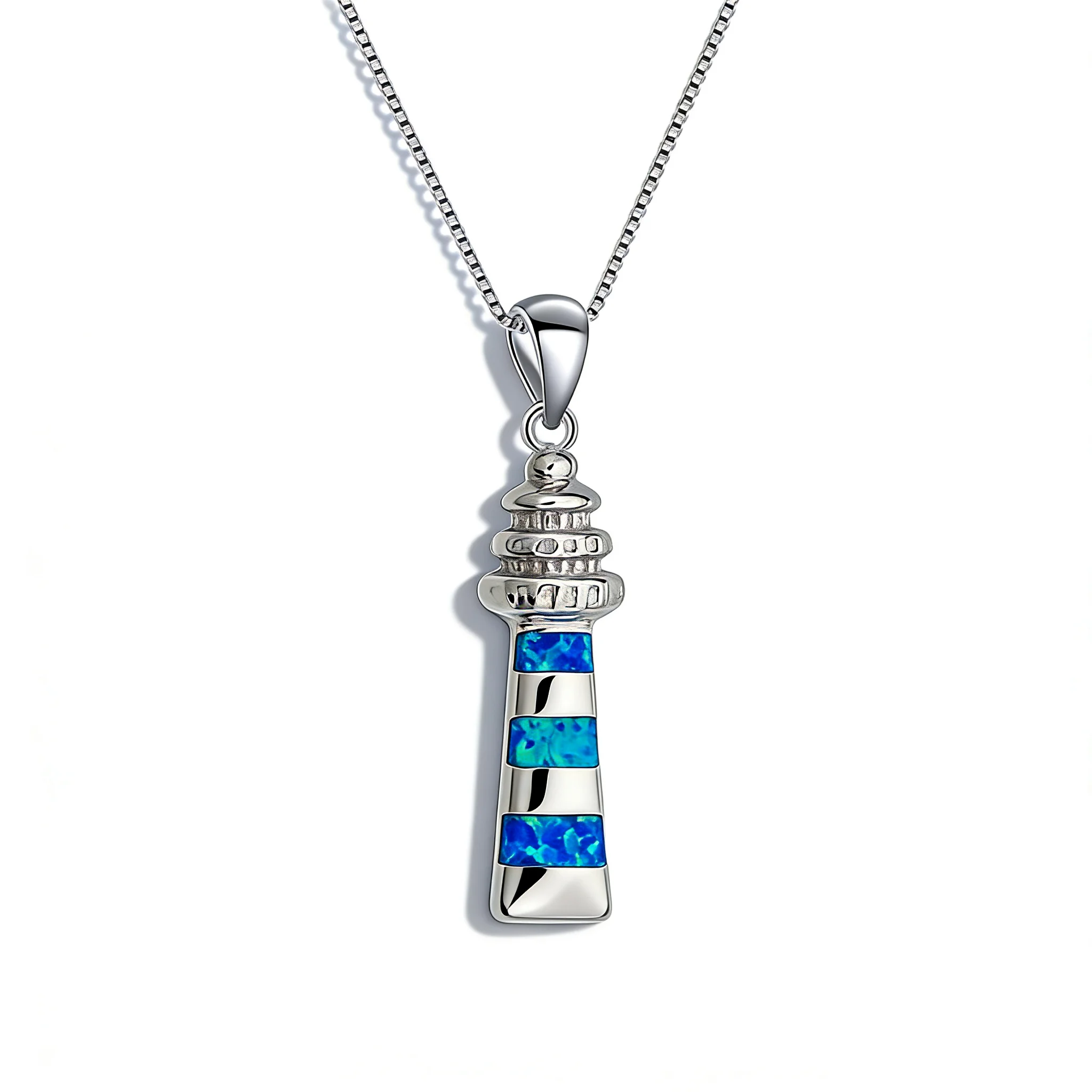 Lighthouse Pendant Necklace for Women, Nautical Adjustable Chain with Blue Opal, Ocean Theme Travel Jewelry Gift for Men & Women