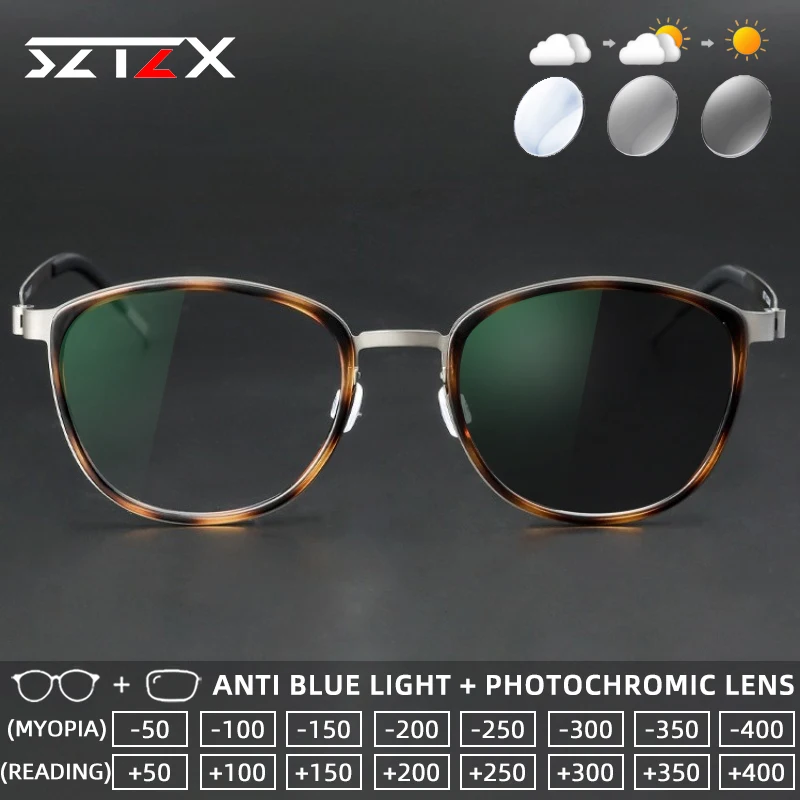 

SZTZX Fashion Photochromic Reading Glasses Anti Blue Light Screwless Titanium Myopia Glasses Progressive Prescription Eyewear