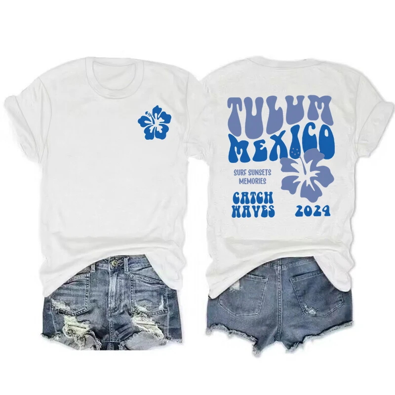 

Tulum Mexico Catch Waves Футболка с графическим принтом Женская модная одежда с короткими рукавами Эстетическая женская футболка с цветочным принтом и буквами Топы