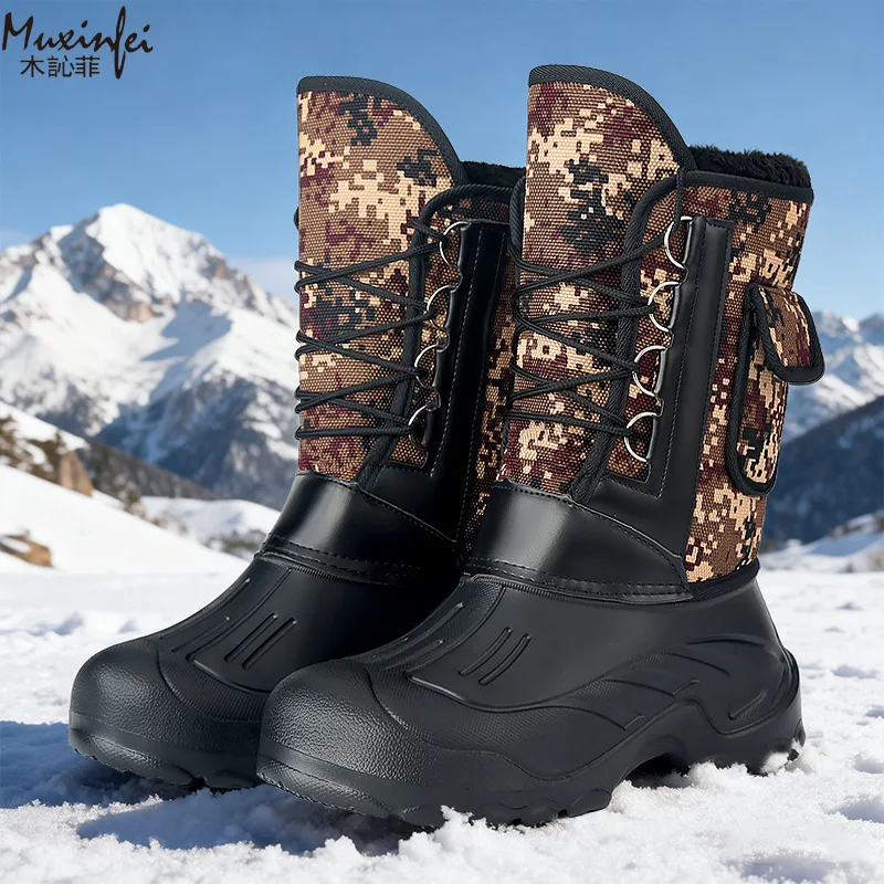 Men's Winter New Plush Thick High Top Outdoor Fishing Hiking Boots Snow Boots Waterproof Anti Slip Cold Resistant Cotton Boots