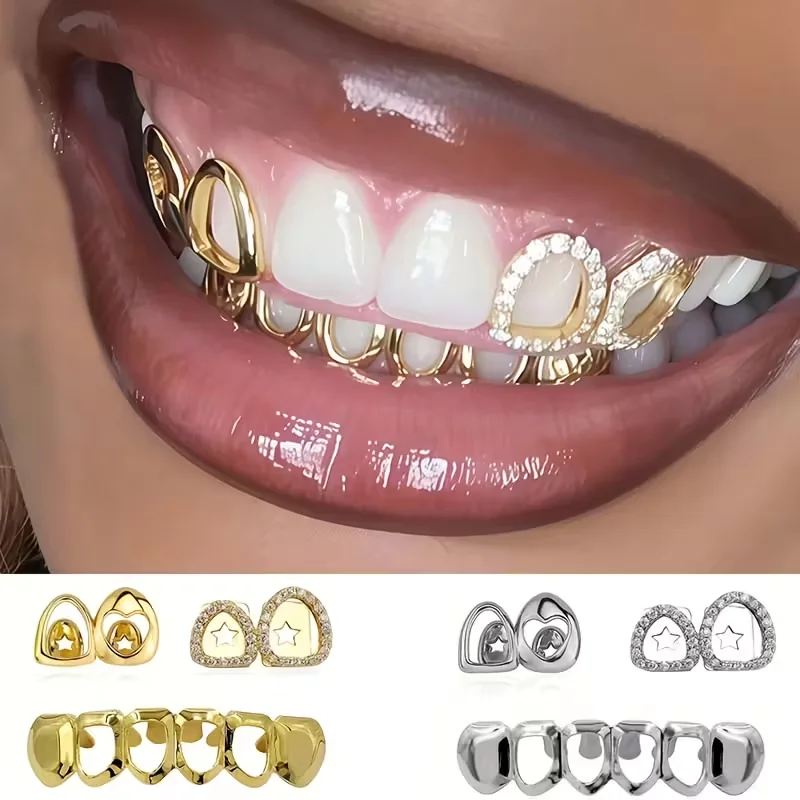 3Pcs Hip Hop Fashion Hollow-Out Shiny Teeth Accessory , Halloween Performance Props - Unisex Holiday Party Gift