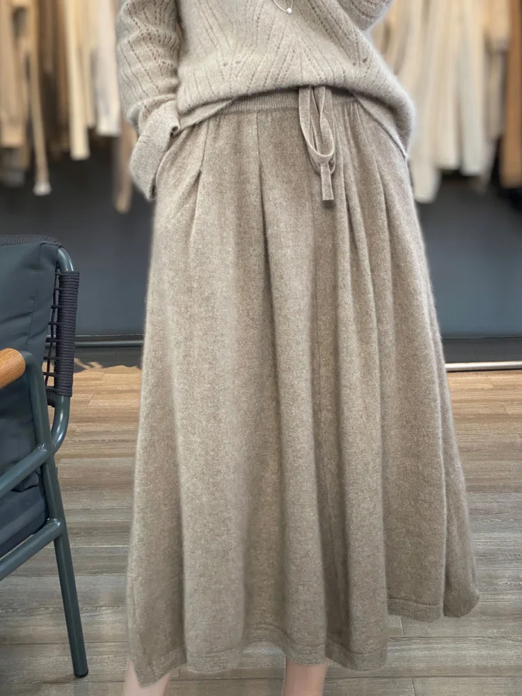 Chic 100% Merino Wool Skirt Office Lady Grace Style Loose pleated Skirt Autumn Winter Thick Soft Women Pure Wool Long Skirt