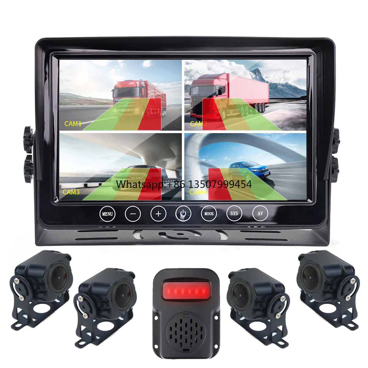 9 Inch 4 Channel AHD Quad Monitor DVR BSD Ai Detection Backup Cameras 1080P Sound Light Alarm PWAS System for Truck Rv Caravan