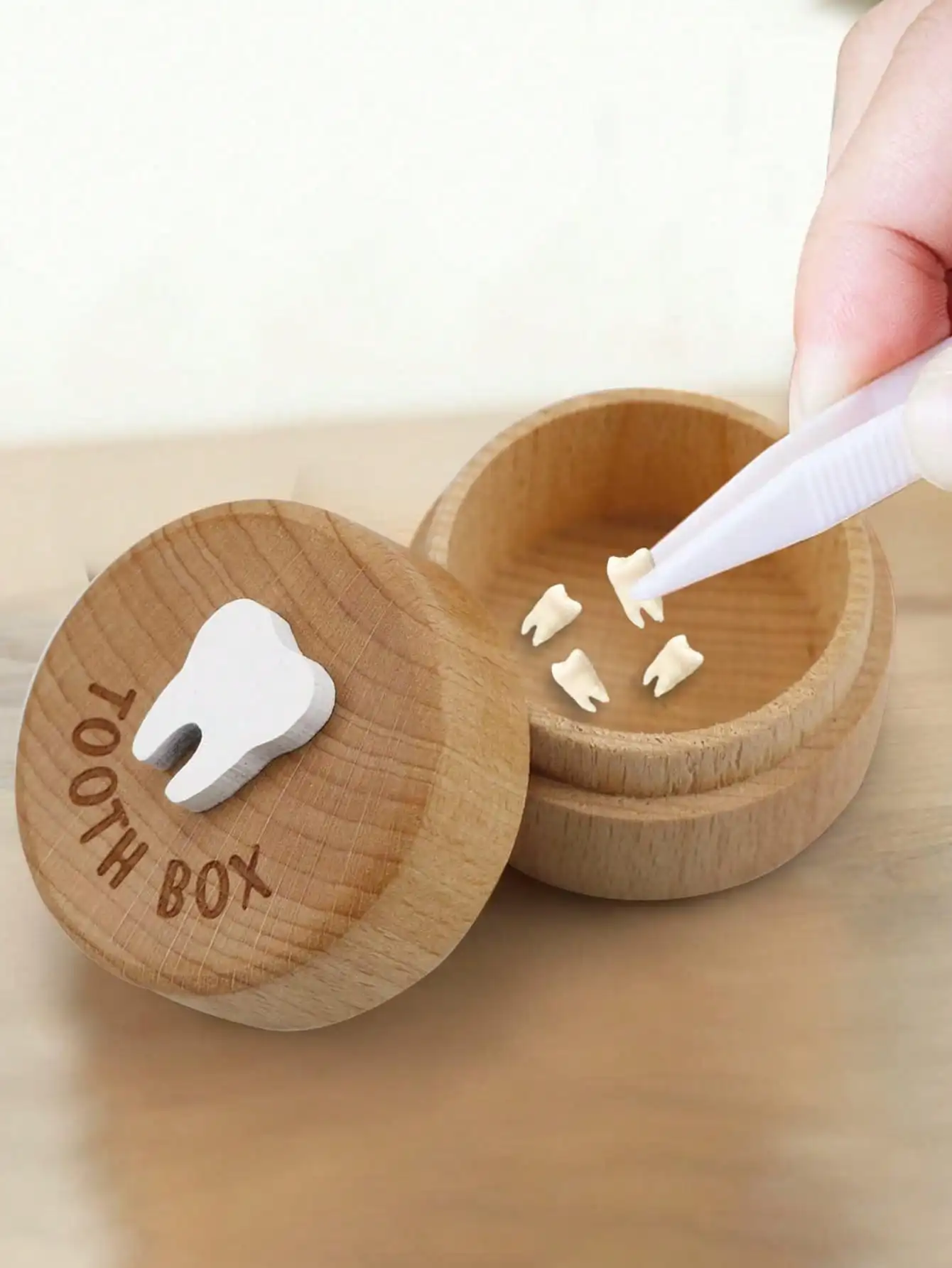 1pc Cute Wood Carving 3D Tooth Shape Tooth Fairy Box for Children's Fallen Teeth Storage