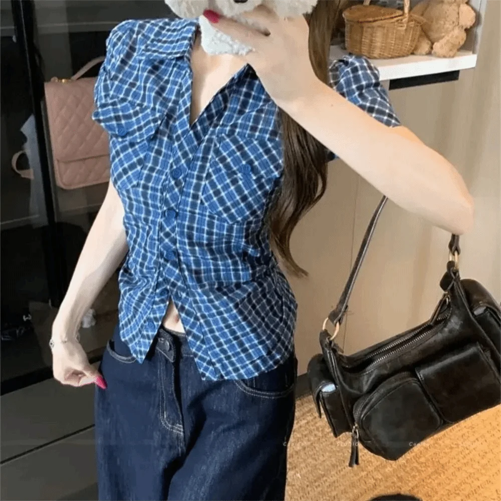

Casual Short Blue Grid Shirt Ruffle Streetwear Women Blue Grid Blouse Korean Style Pink Long Sleeve Tops Travel
