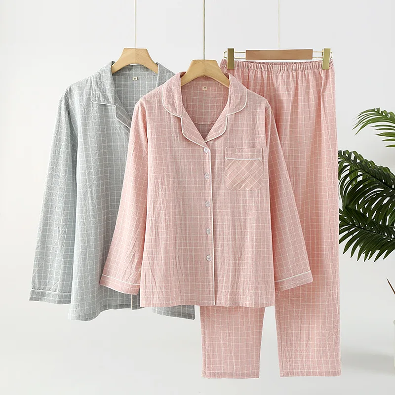 

2026 Spring and Autumn New Japanese Couple Checkered Pajama Set 100% Cotton Gauze Men's and Women's Long Sleeve Two Piece Set