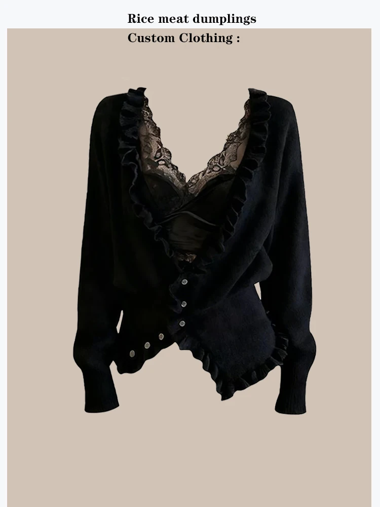 

Korean Style Commuter Lace Splicing Design Deep Grey Hem Open Cardigan Sweater Soft V Neck Long Sleeve Women's Fashion