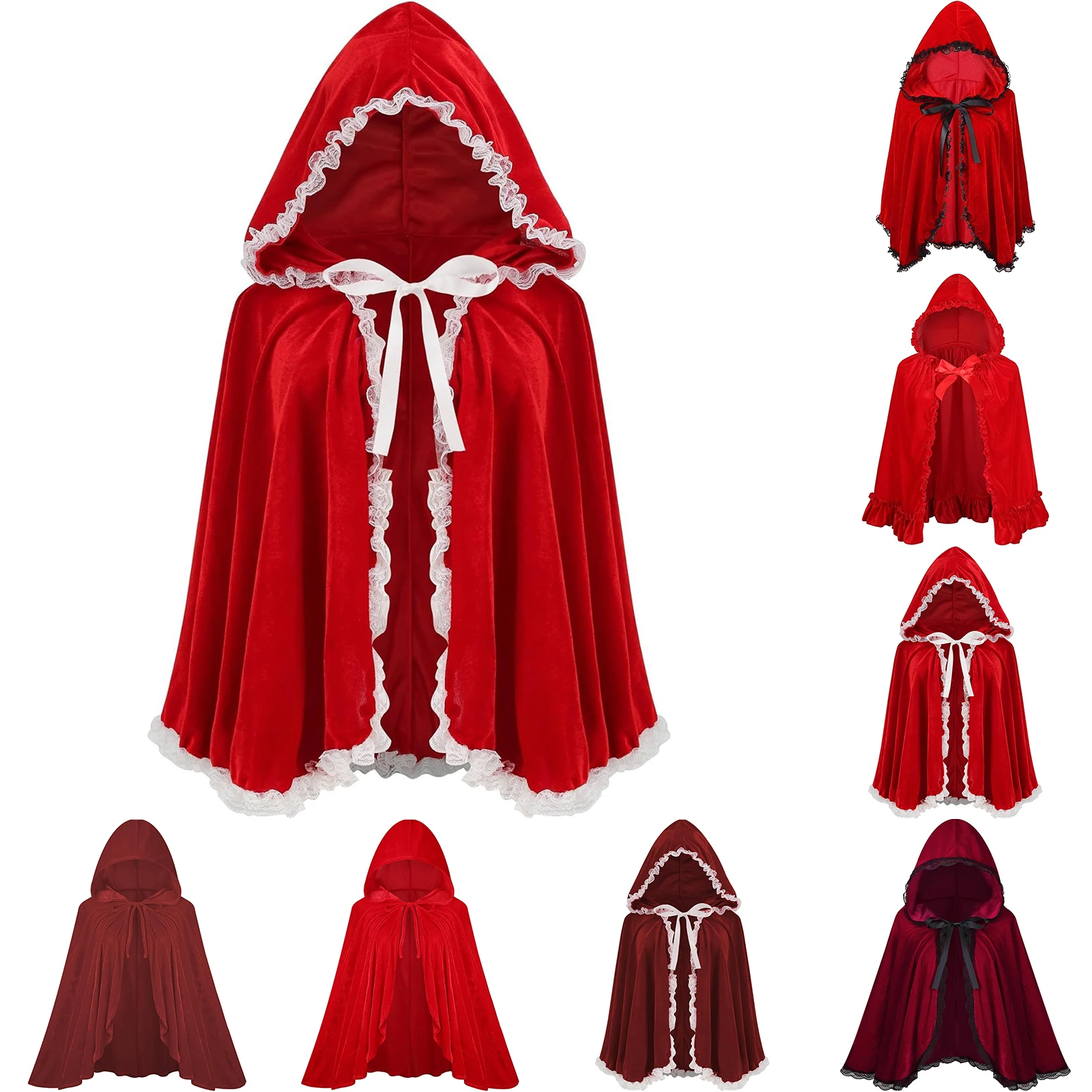

Fashion Women Cape Pleated Lace Cape Autumn Winter Lady Ruffled Lace Cloak Hooded Velvet Cape Windproof Clothing Accessories