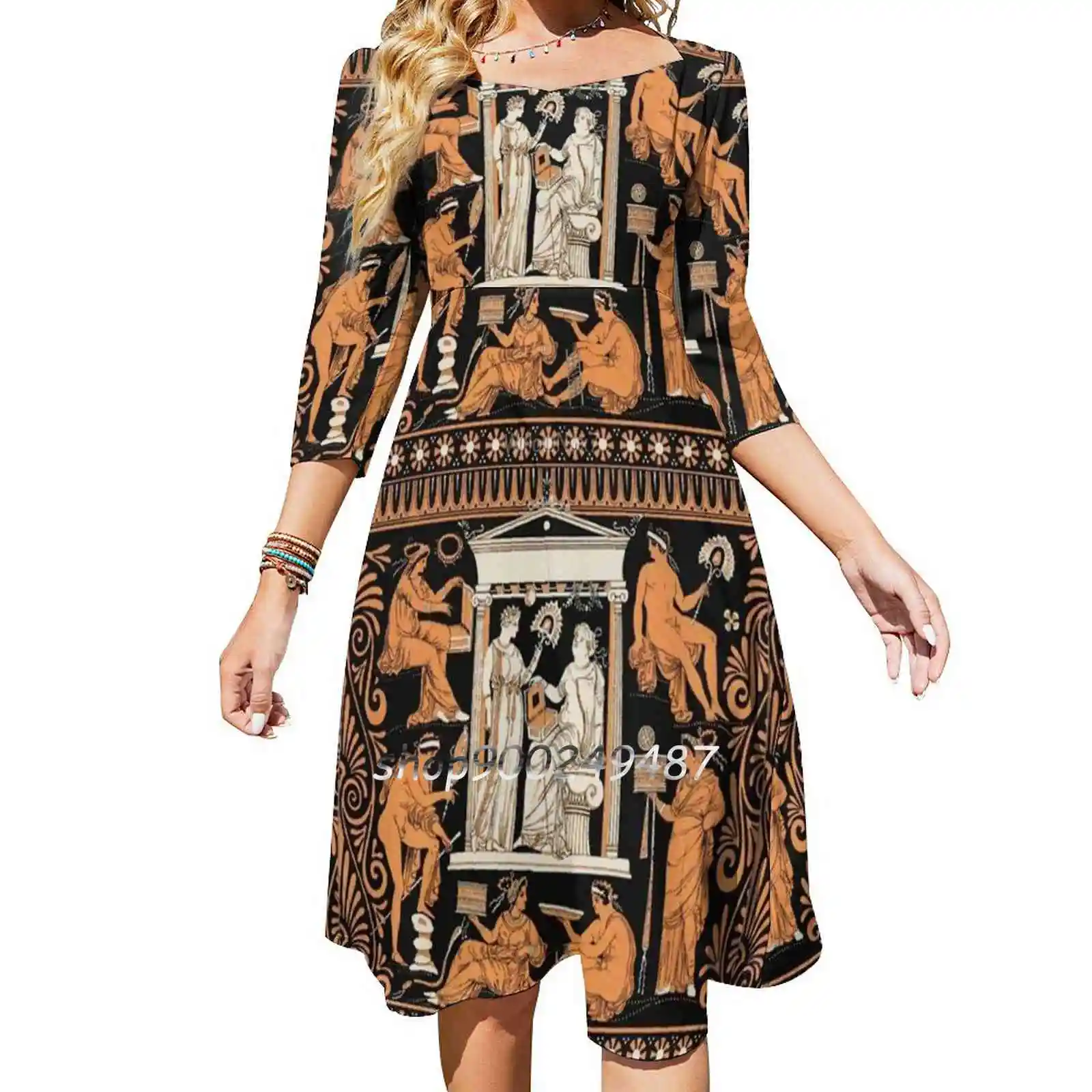 Greek Vase Print Sweetheart Knot Flared Dress Fashion Design Large Size Loose Dress Attic Red Figure White Figure Scroll Athens