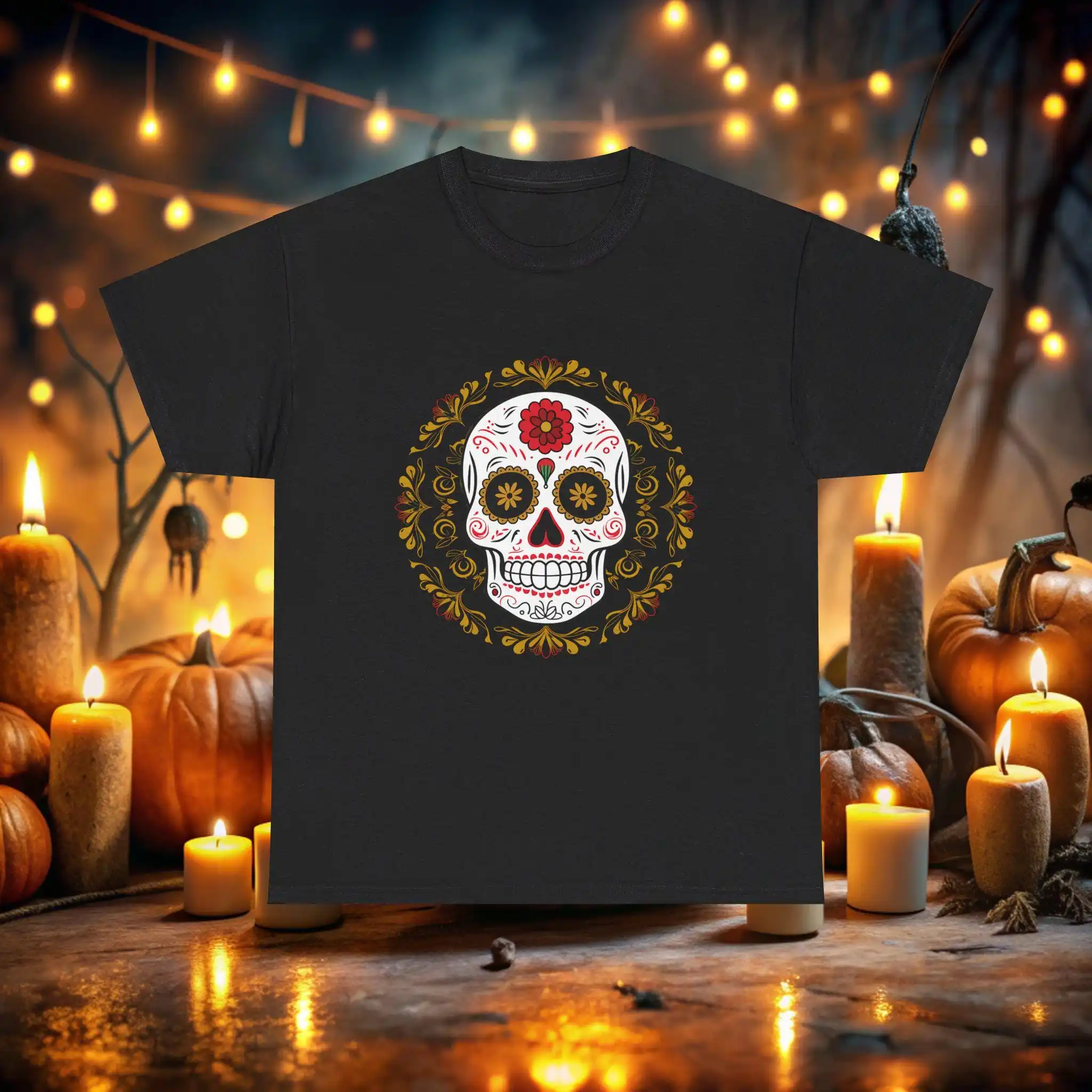 Hola Halloween Celebrate With Sugar Skull Style Heavy Cotton T Shirt