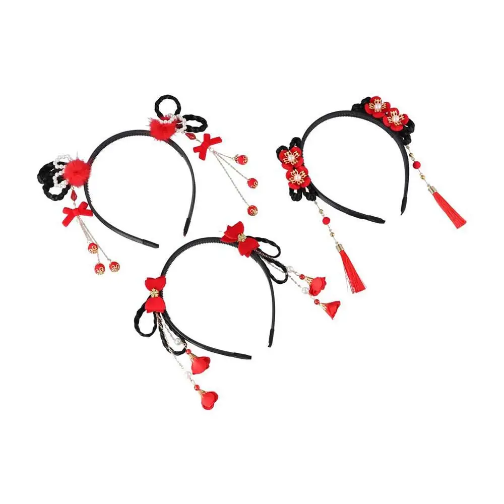 

Elastic Cute Girls Pearl Bow Pigtail Wig Flower New Year Headress Children's Headband Chinese Style Hair Band Hanfu Hair Hoop