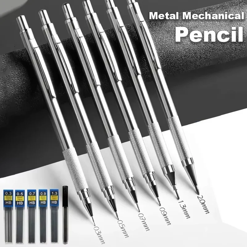 0,3 0,5 0,7 0,9 1,3 2,0 mm Metall-Druckbleistift-Set für Schule, Kunst, Skizzen, Schreiben, automatische Bleistifte aus Edelstahl, Zubehör