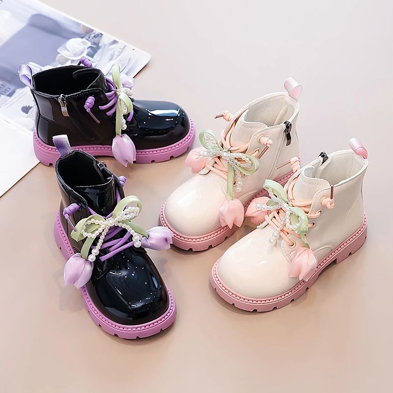 

Короткие сапоги для девочек, универсальные однотонные детские ботильоны, милые осенние новые детские ботинки принцессы с бисером, 202, мягкие круглые носки