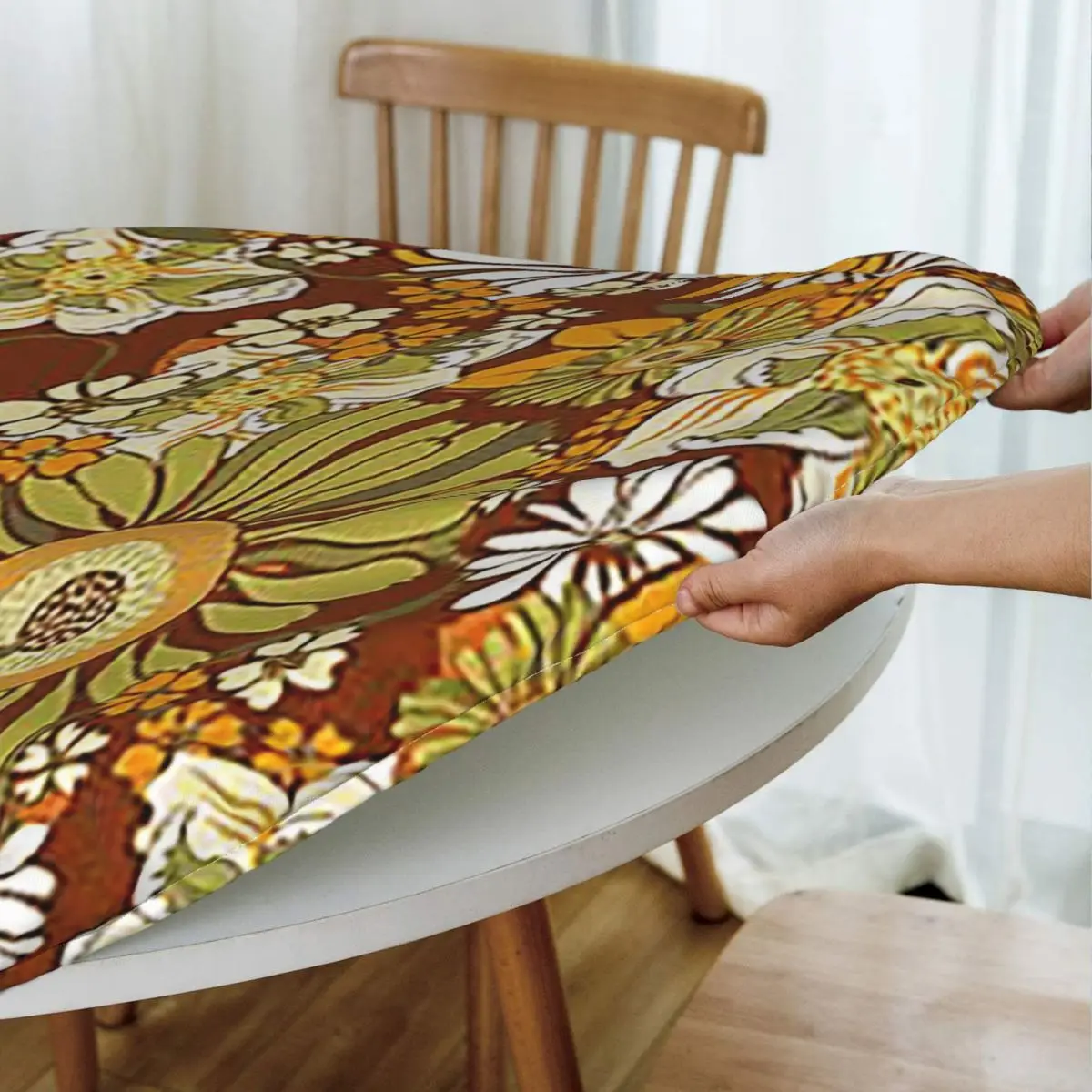 70s Retro Vintage Flower Power Pattern Boho Waterproof Round Tablecloth Oilproof Table Cloth Kitchen Events Dining Table Cover