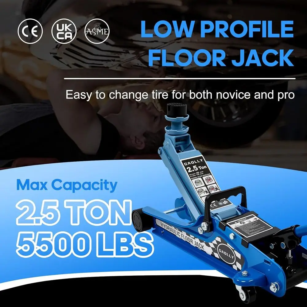 ロープロファイル2.5トンヘビーデューティーレーシングフロアジャッキ、シングルピストンポンプ付き、3.35～14.96インチまで持ち上げ可能（ブルー）