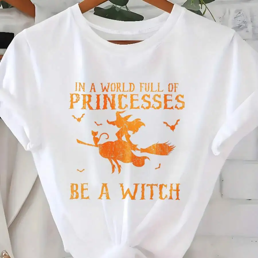 Women's Halloween Witch On Broomstick Graphic Print T‑Shirt Crew Neck Short Sleeve Party And Daily Wear Casual Tee Top