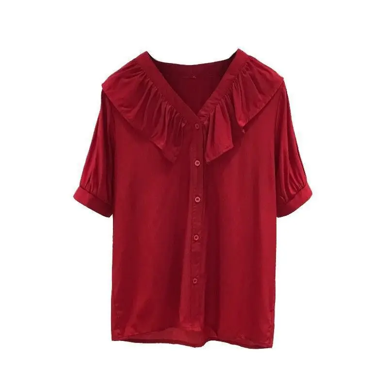 Temperament V Neck Button Blouse Summer New Pleated Short Sleeve Solid Color Loose Shirt Tops Fashion Office Women Clothing