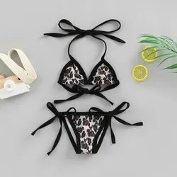 Costume da bagno per bambina con stampa leopardata costume da bagno con fasciatura 2 pezzi Bikini Beachwear